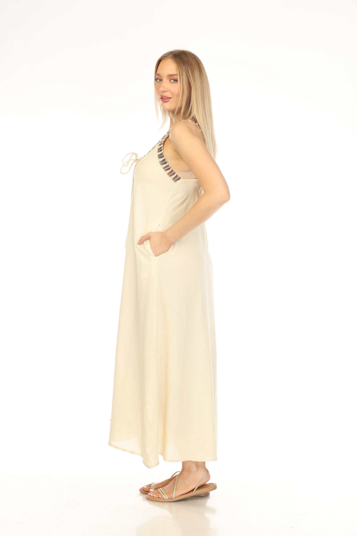 Beige V-Neck Embroidered Tie Front Dress