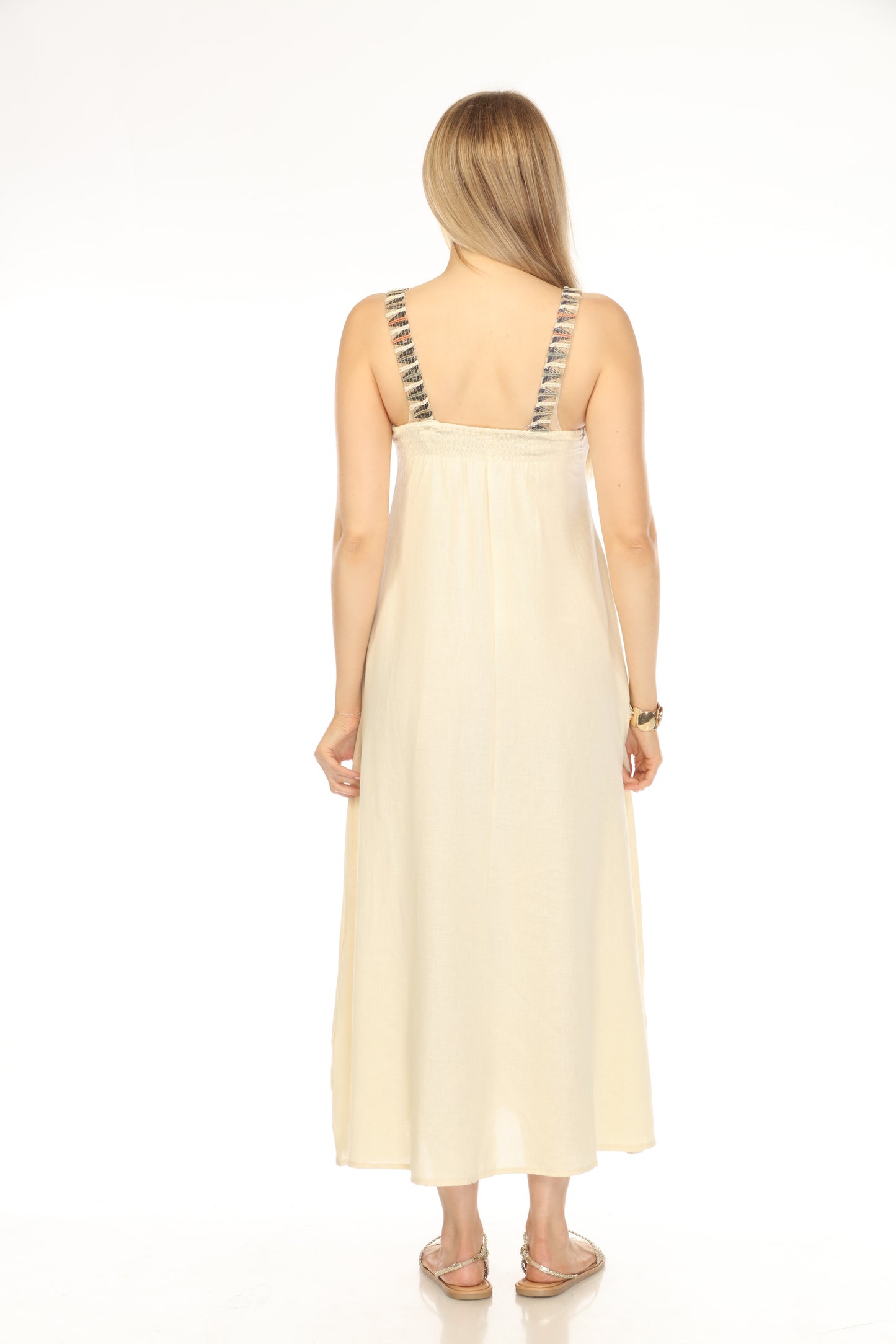 Beige V-Neck Embroidered Tie Front Dress