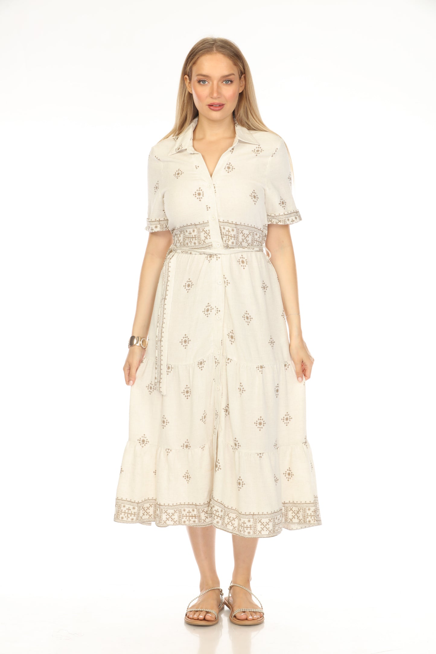 Beige Brown Print Button Belt Dress