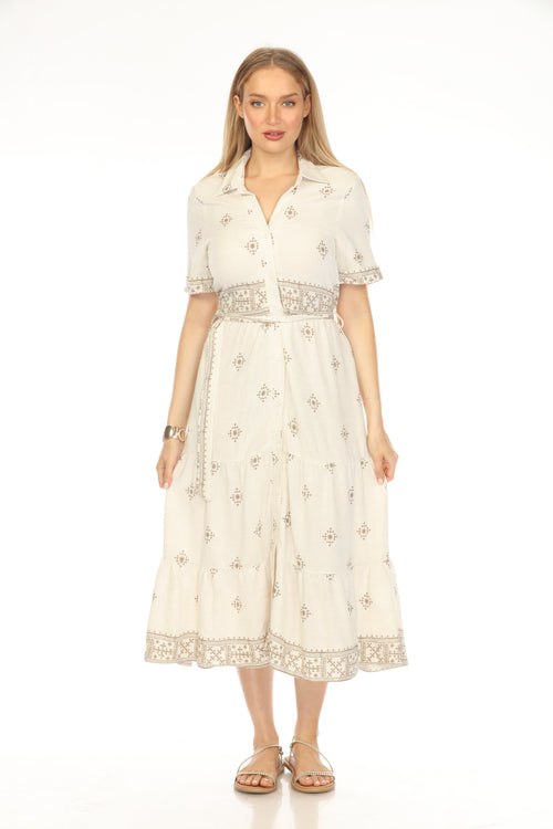 Beige Brown Print Button Belt Dress