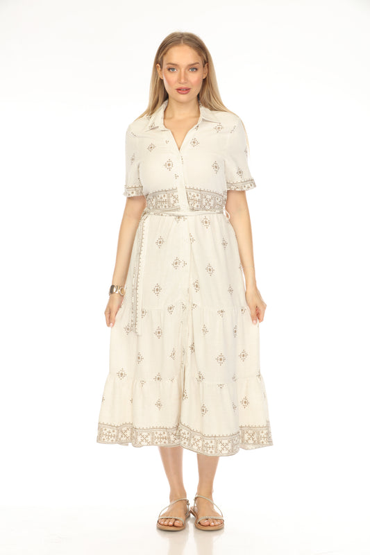 Beige Brown Print Button Belt Dress