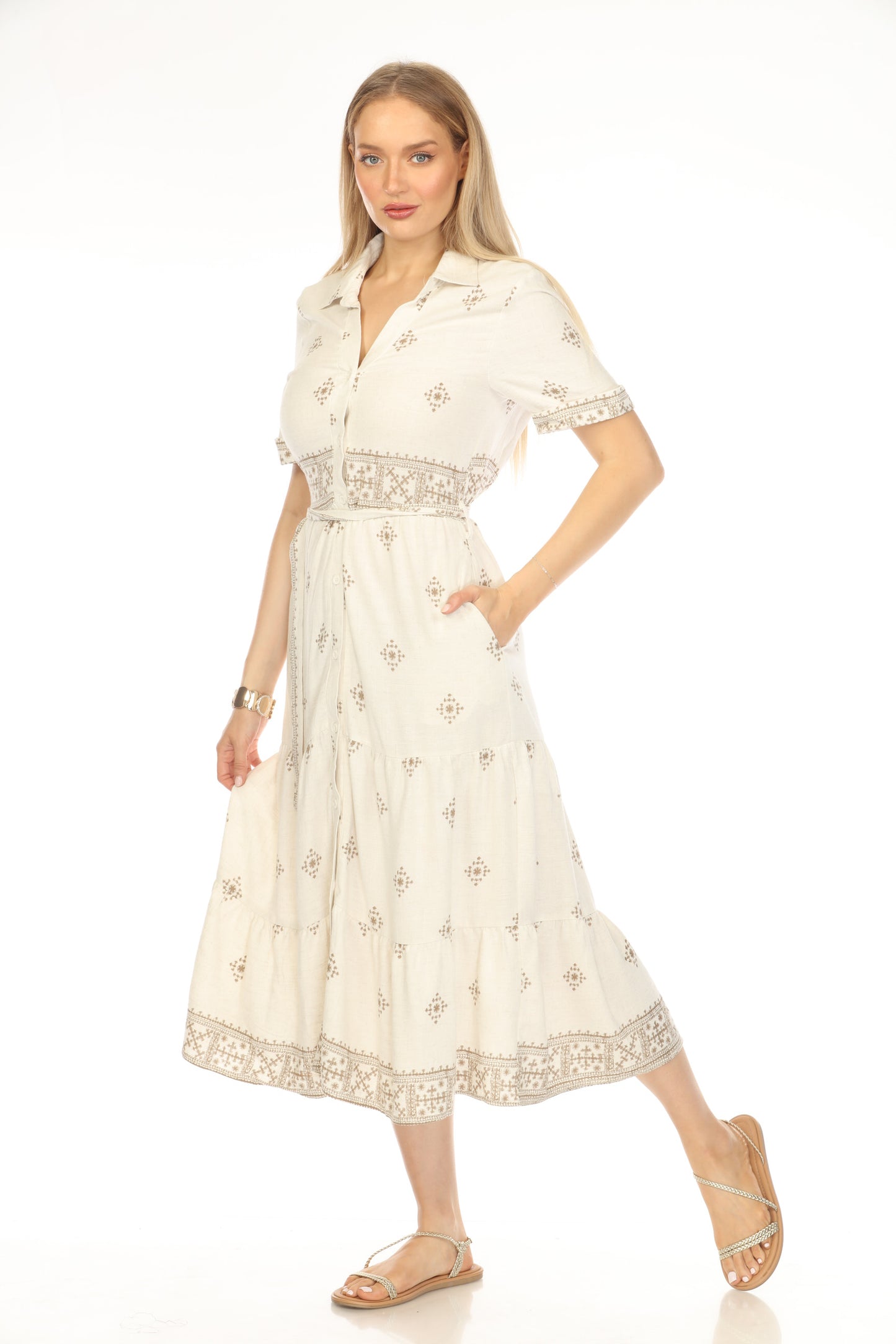 Beige Brown Print Button Belt Dress