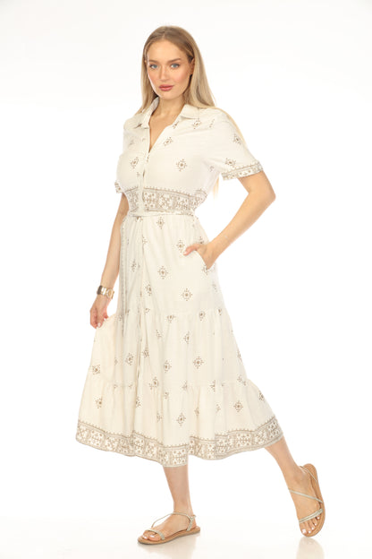 Beige Brown Print Button Belt Dress