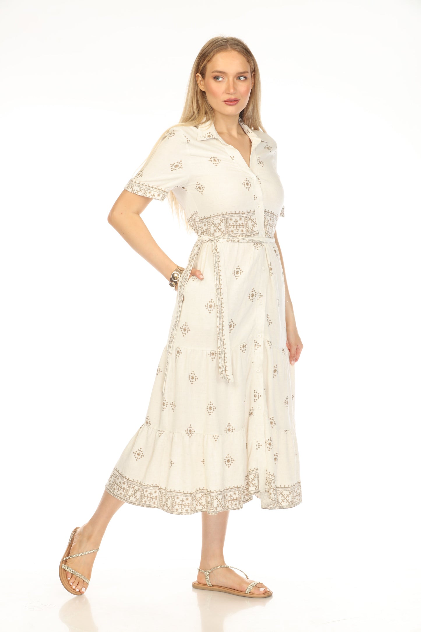 Beige Brown Print Button Belt Dress