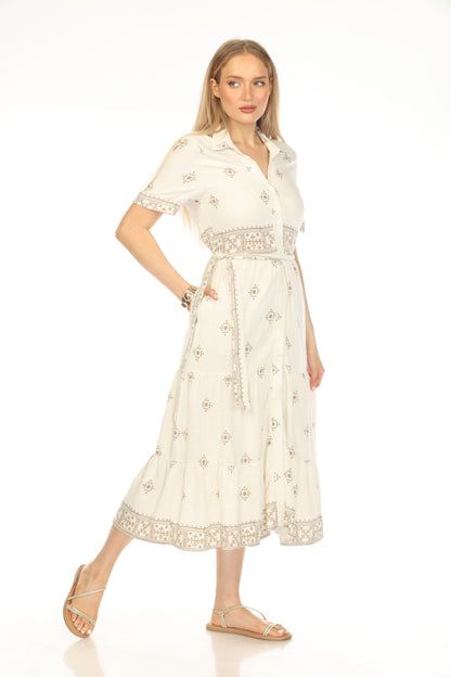 Beige Brown Print Button Belt Dress