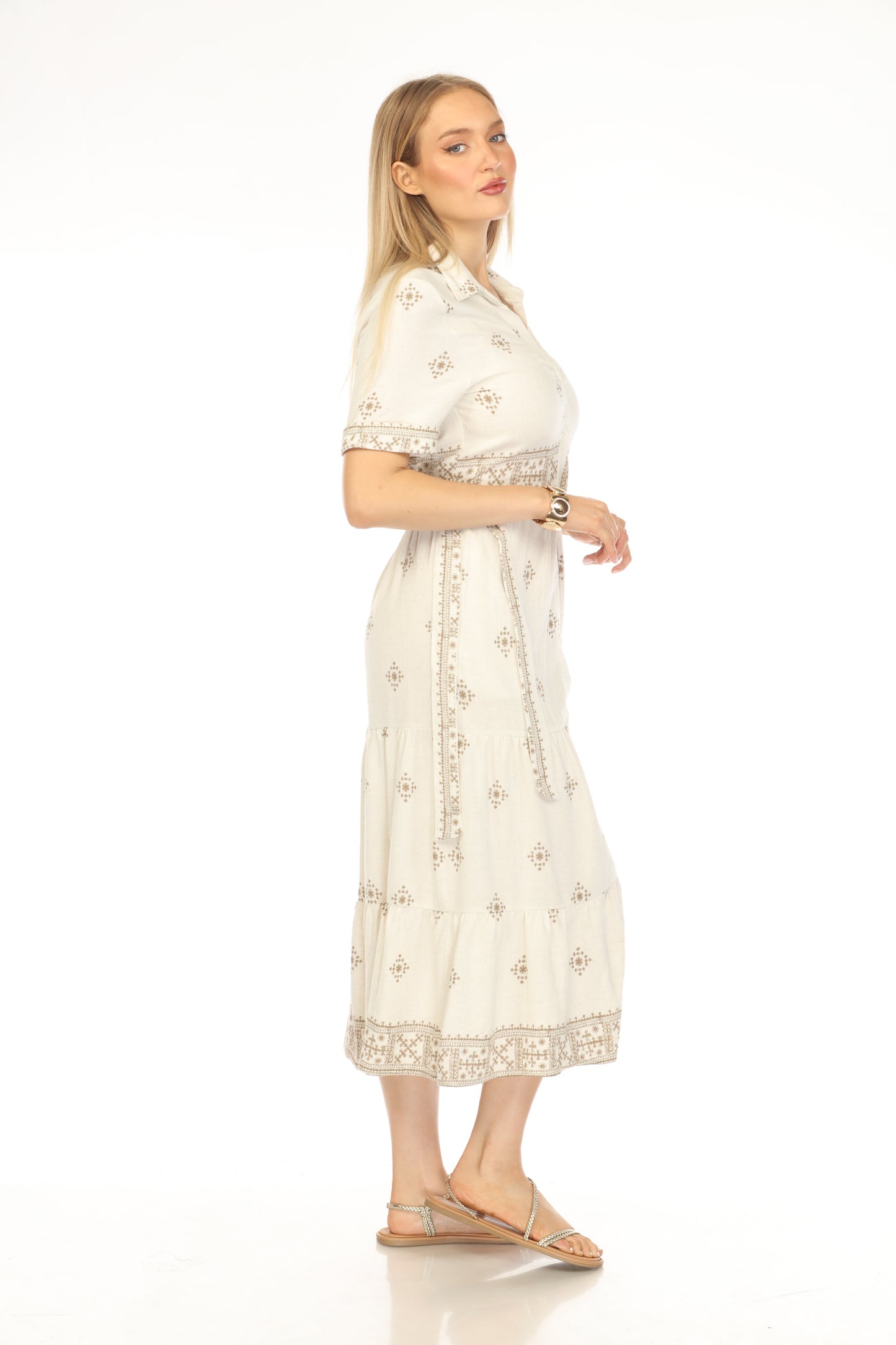 Beige Brown Print Button Belt Dress