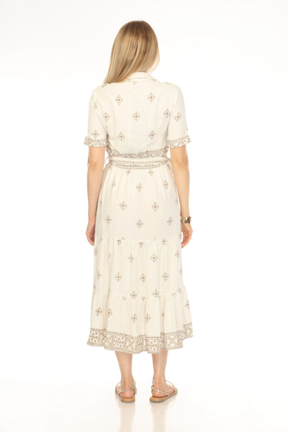 Beige Brown Print Button Belt Dress