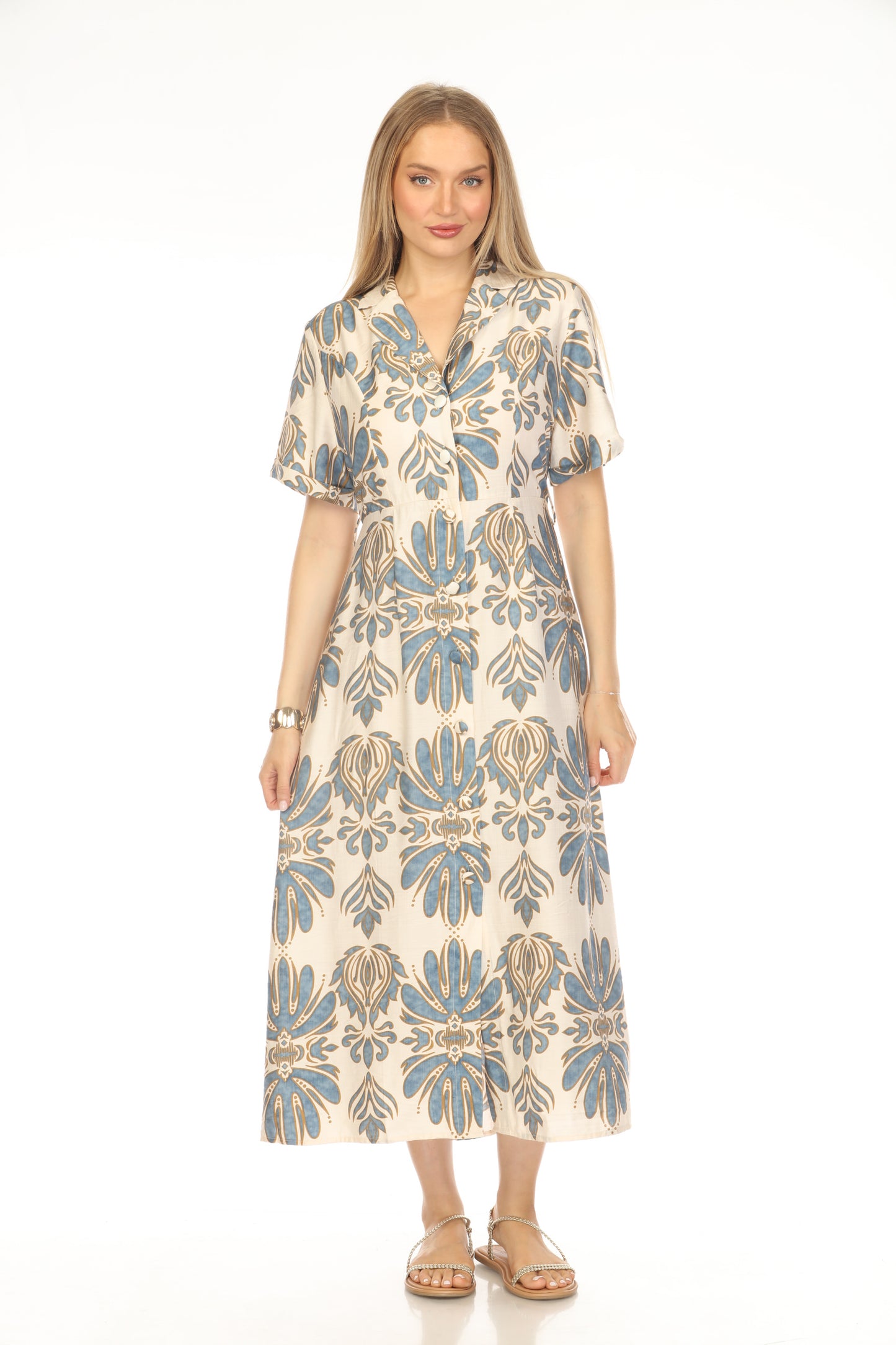 Beige and Blue Printed Buttoned Dress
