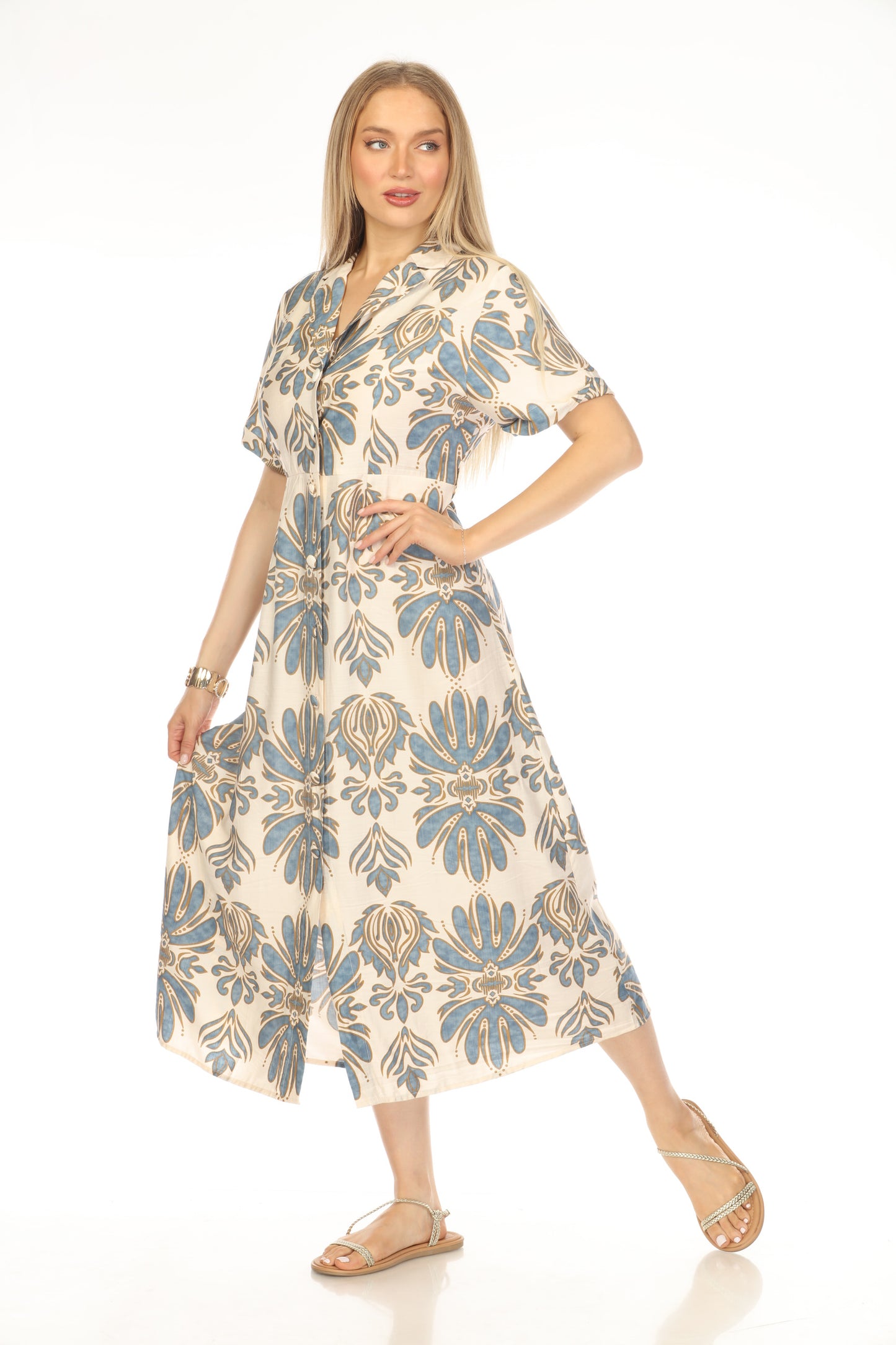 Beige and Blue Printed Buttoned Dress