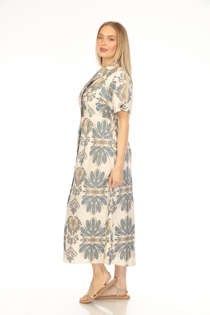 Beige and Blue Printed Buttoned Dress