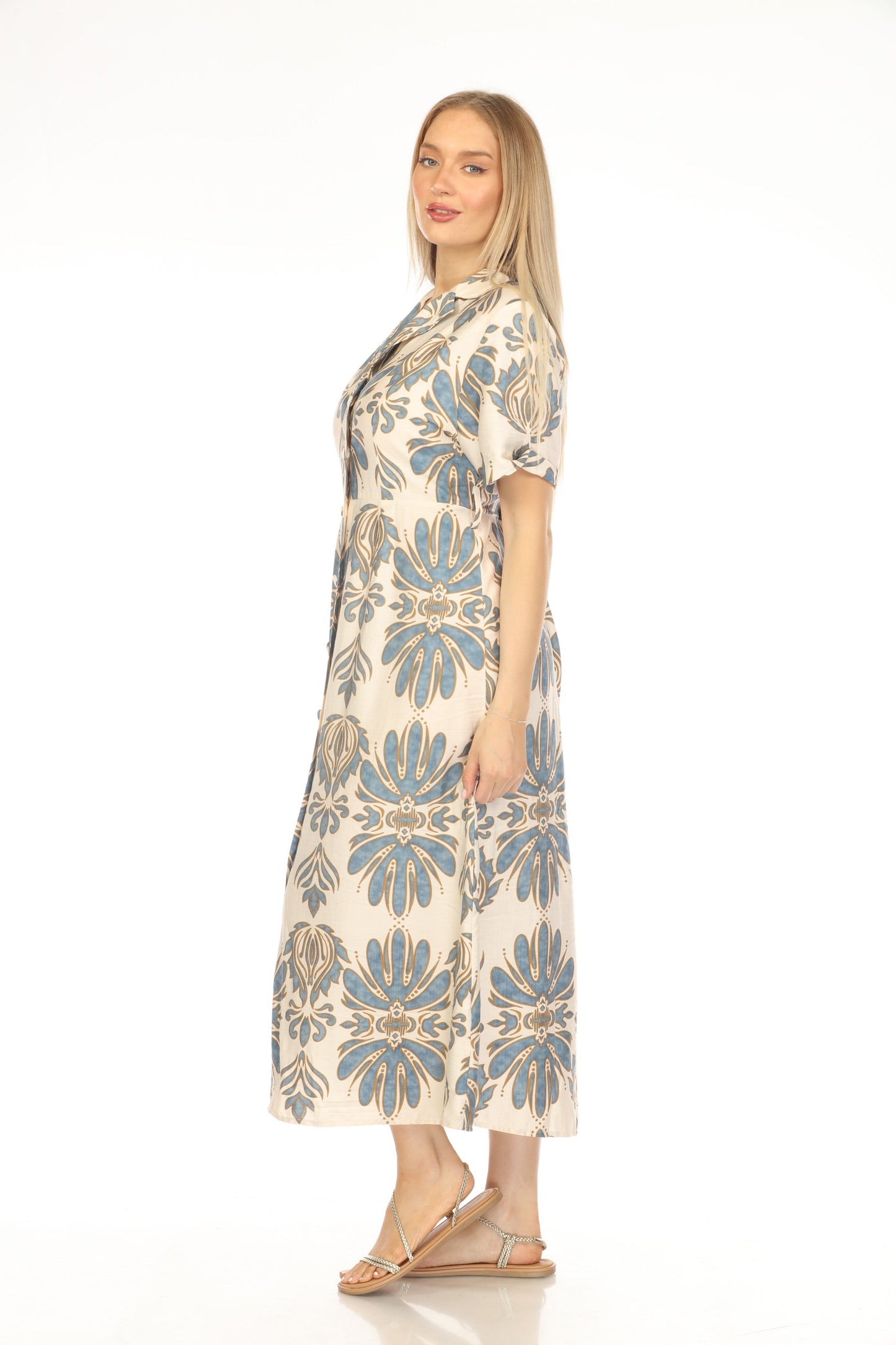 Beige and Blue Printed Buttoned Dress