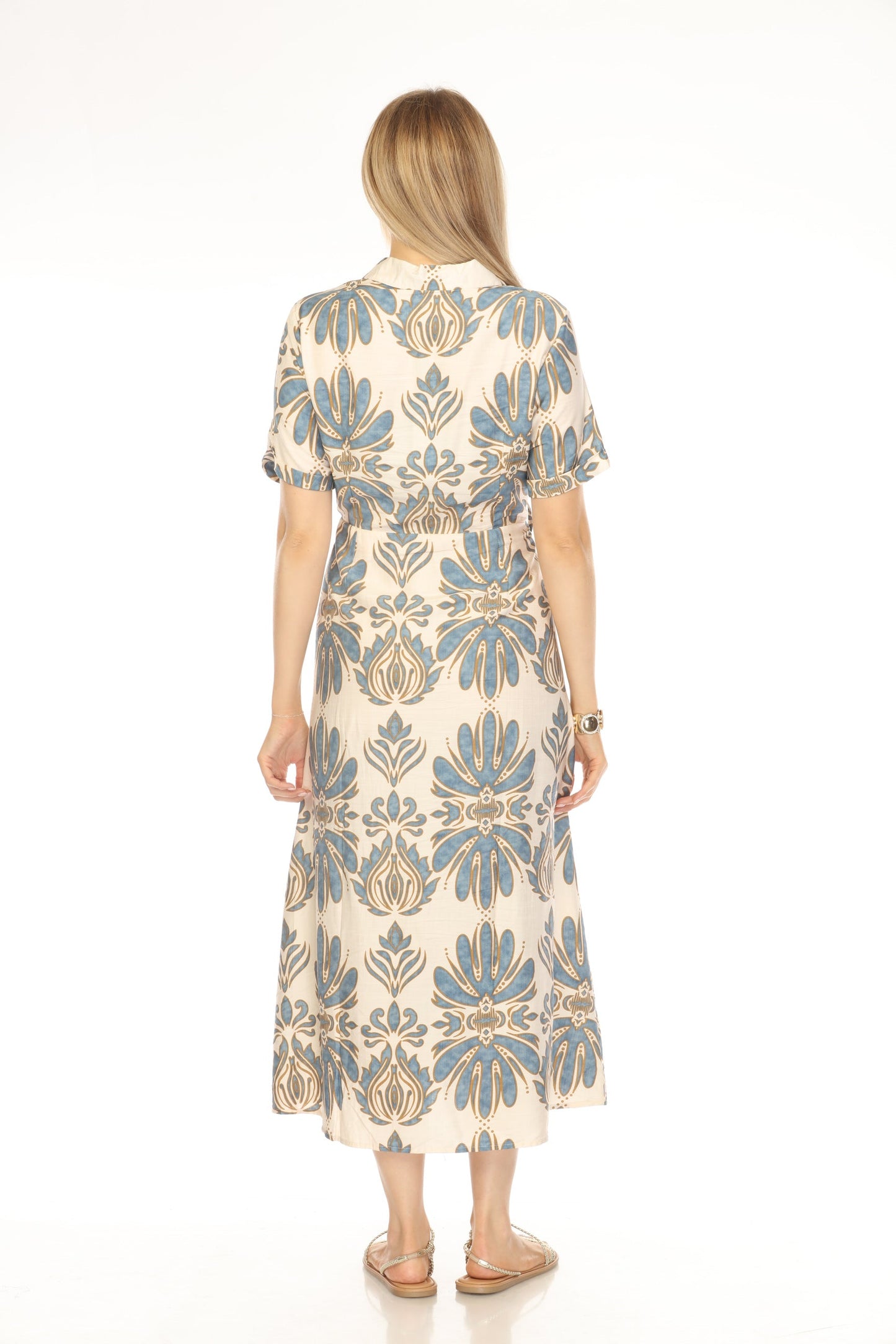 Beige and Blue Printed Buttoned Dress