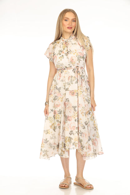 Beige Floral Waist Band Flared Fusion Dress