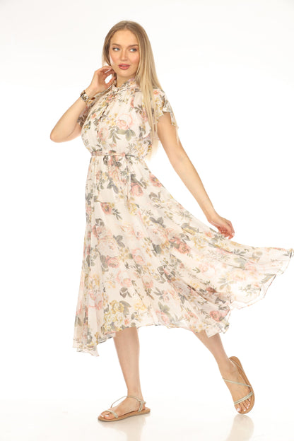 Beige Floral Waist Band Flared Fusion Dress