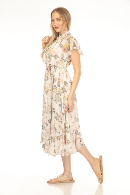 Beige Floral Waist Band Flared Fusion Dress