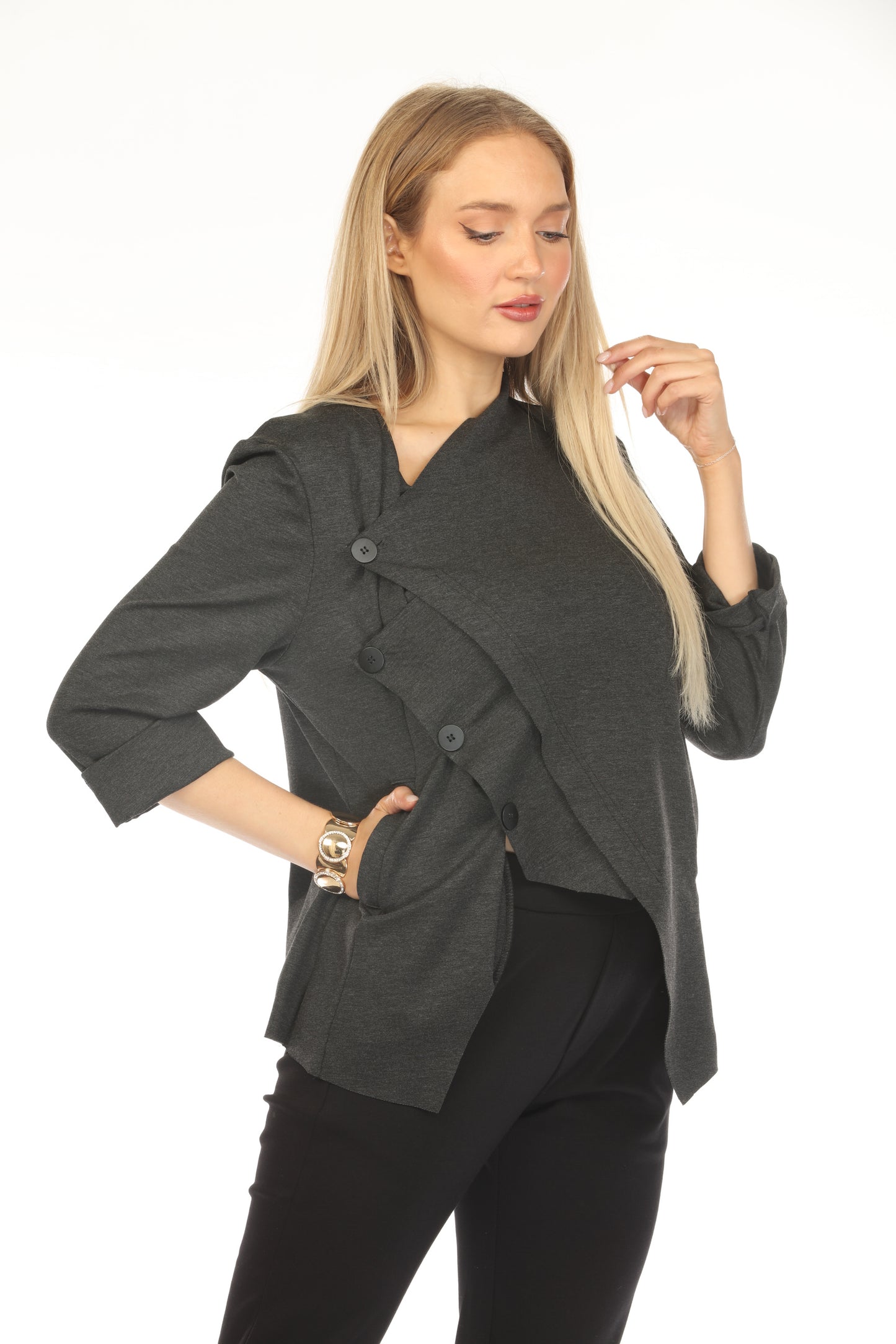 Grey Buttoned Asymmetrical Blazer
