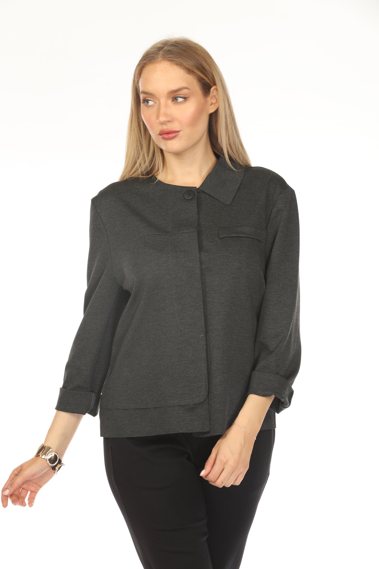 Grey Buttoned Asymmetrical Blazer