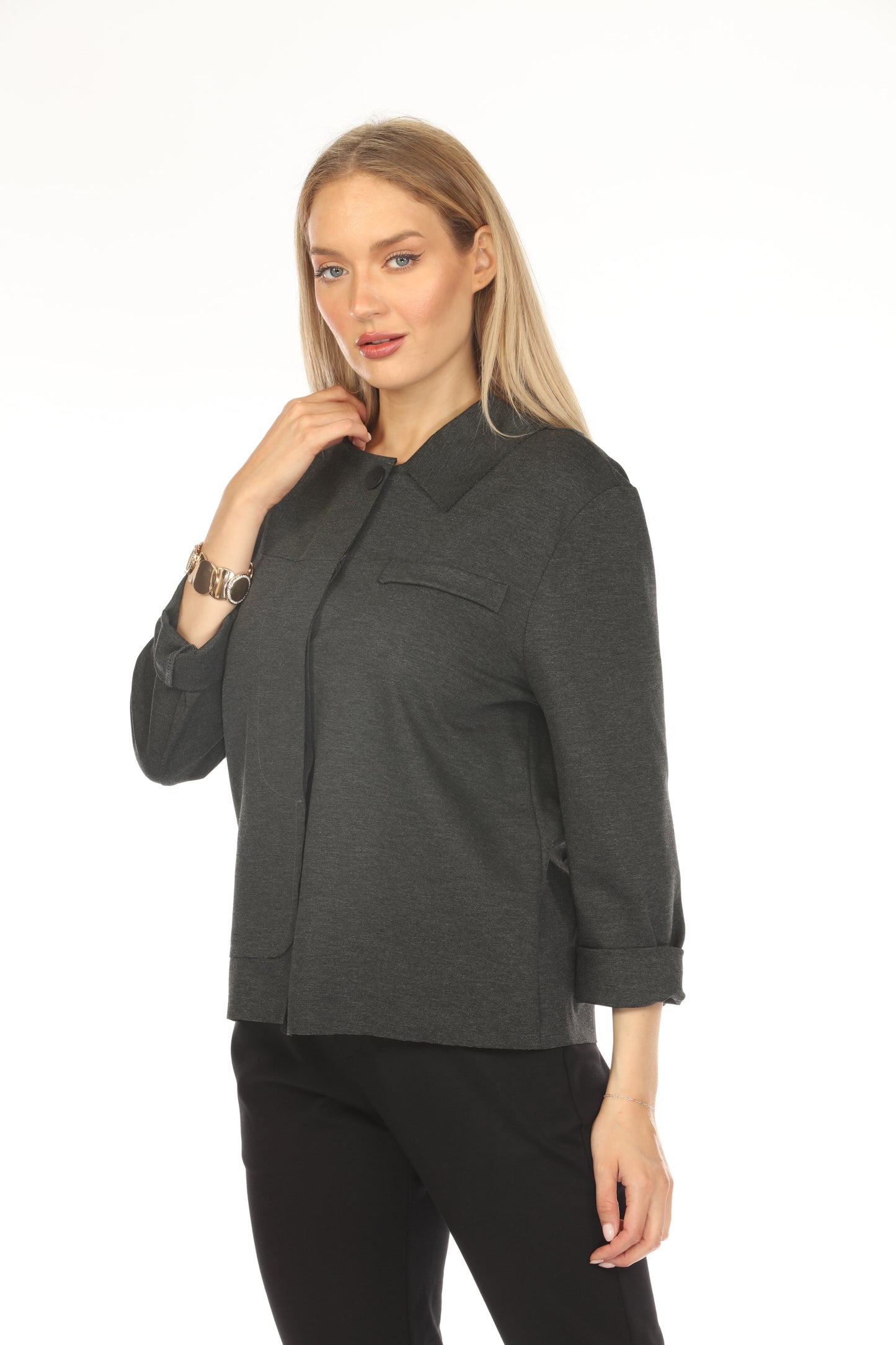 Grey Buttoned Asymmetrical Blazer