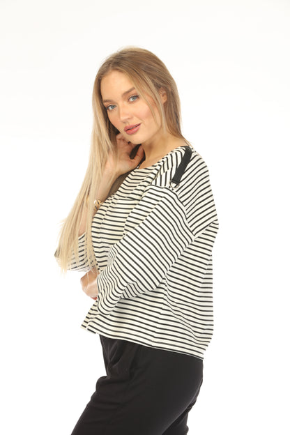 White Black Horizontal Strips Stylish Top