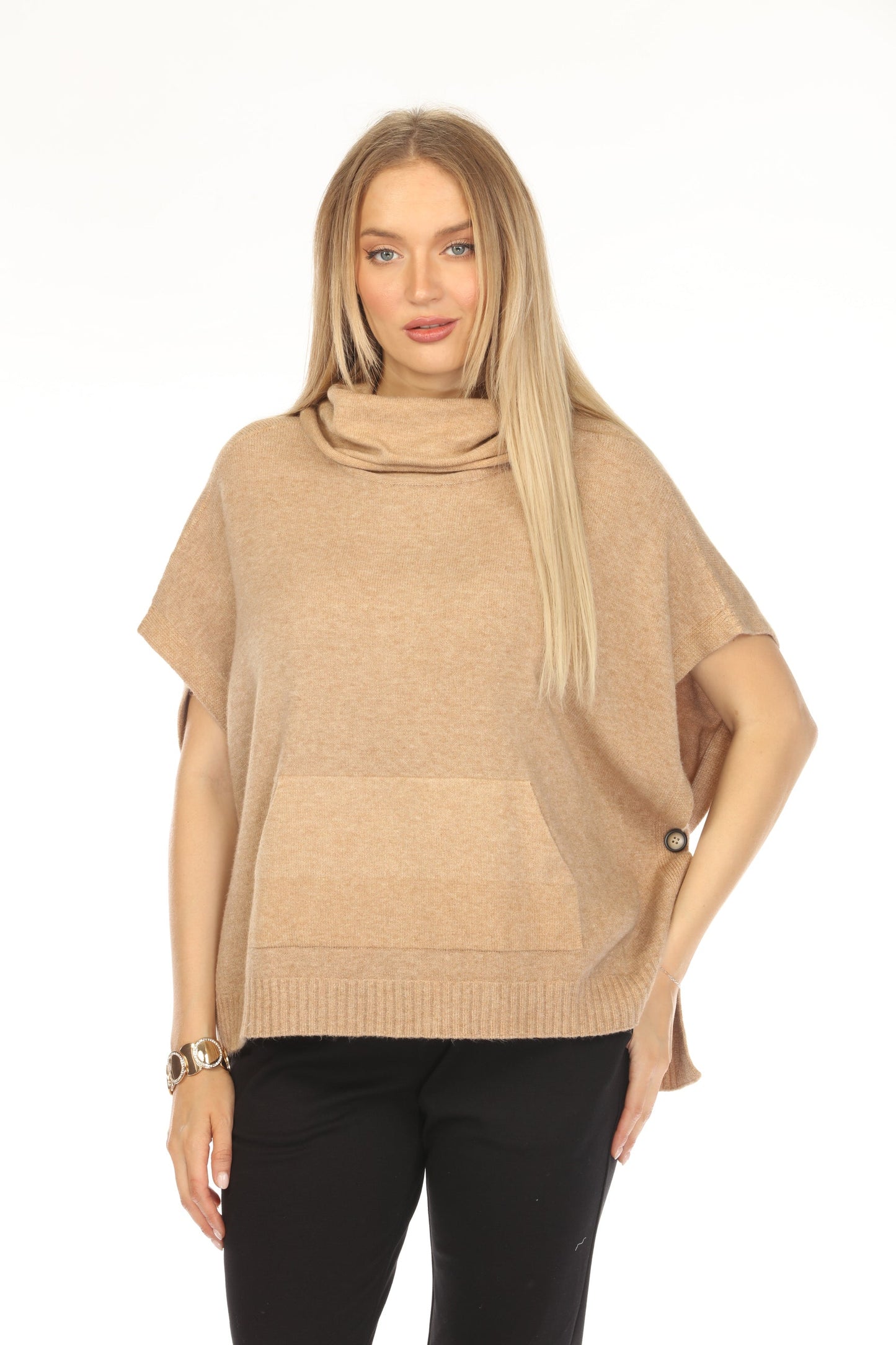 Taupe mock neck pockets cape Sweater