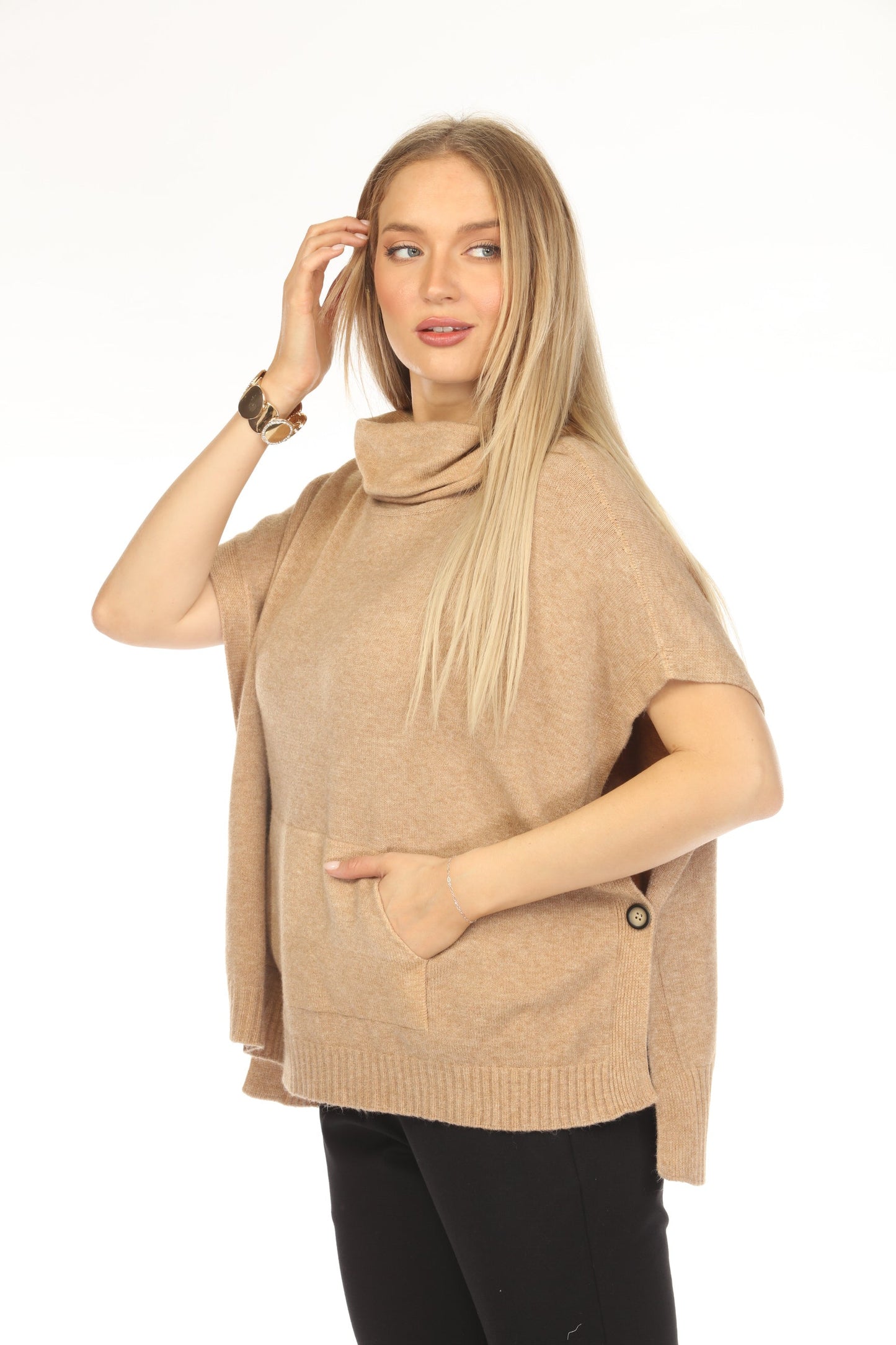 Taupe mock neck pockets cape Sweater