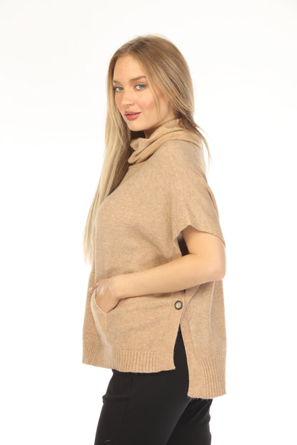 Taupe mock neck pockets cape Sweater