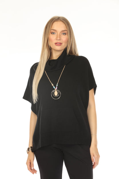 Black mock neck pockets cape Sweater