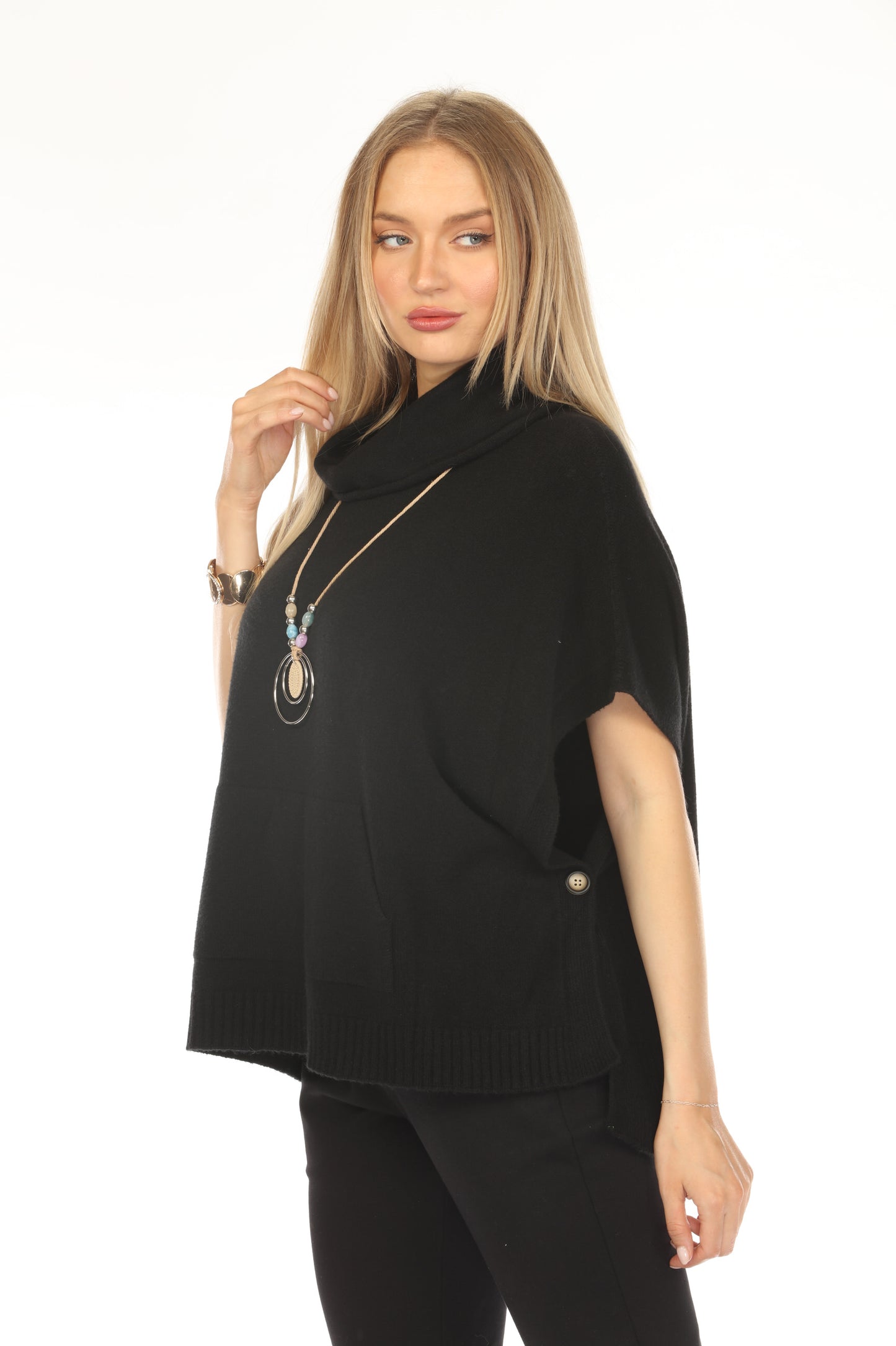 Black mock neck pockets cape Sweater
