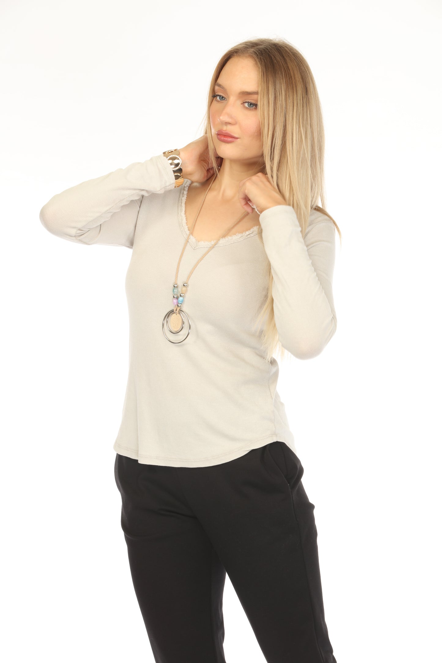 Beige 100% Cotton V Fring Neck Top