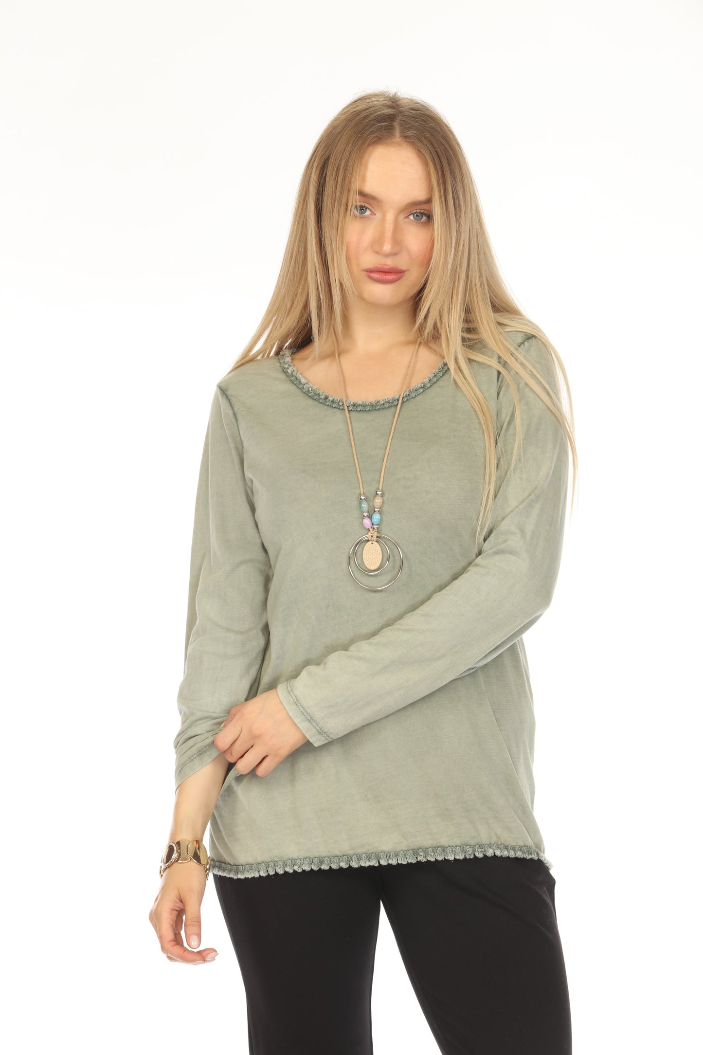 Olive 100% Cotton Fring Neck Top