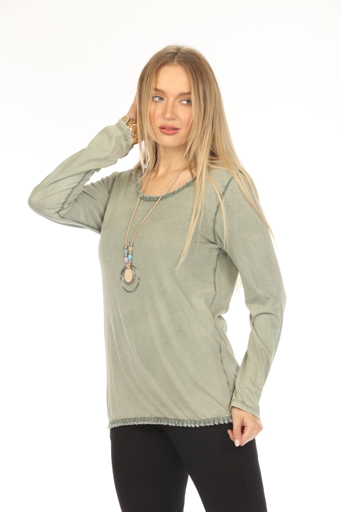 Olive fringe round neck Top JY3741