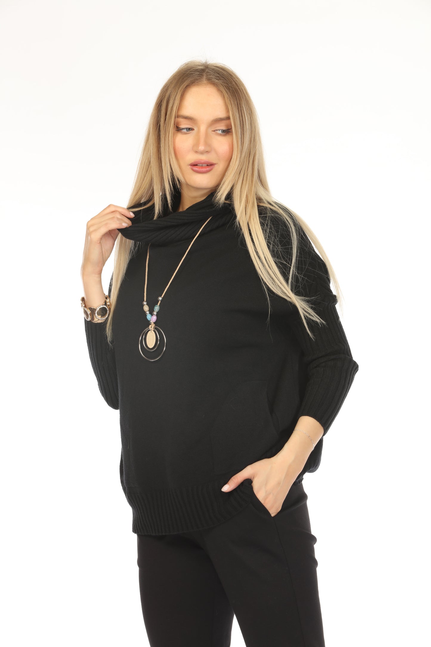 Black  high neck pockets Sweater Top