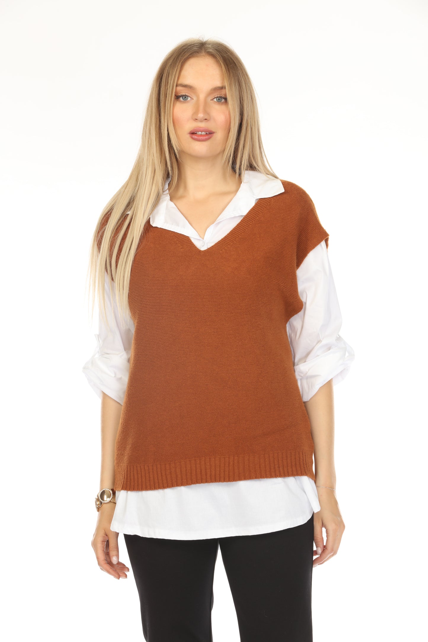 Camel & White Scholar Sweater Top Vest