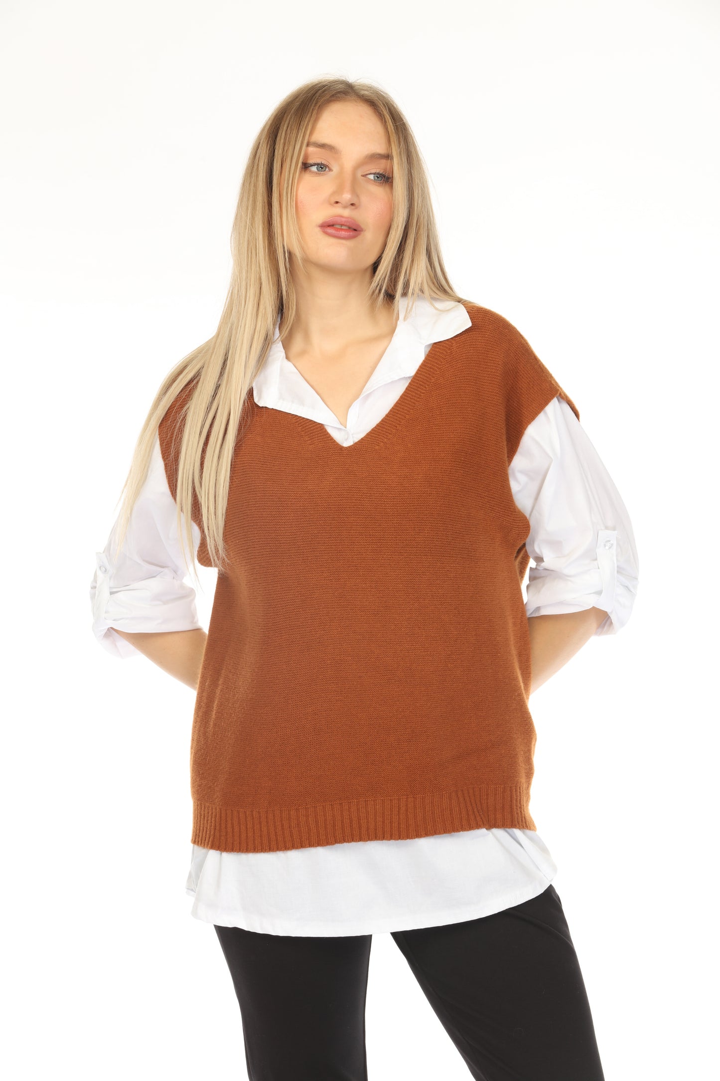 Camel & White Scholar Sweater Top Vest