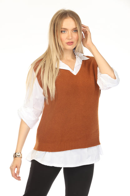 Camel & White Scholar Sweater Top Vest