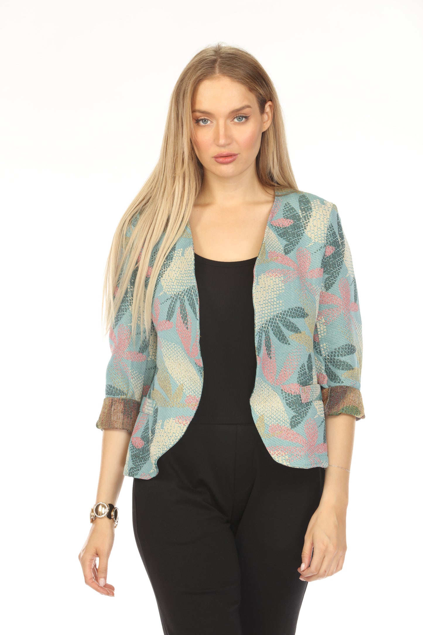 Blue Textured Leaf Print Blazer