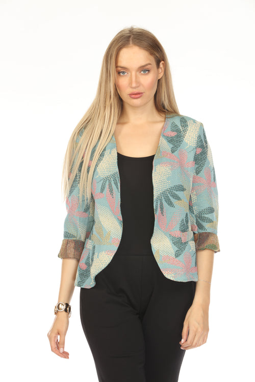 Blue Textured Leaf Print Blazer