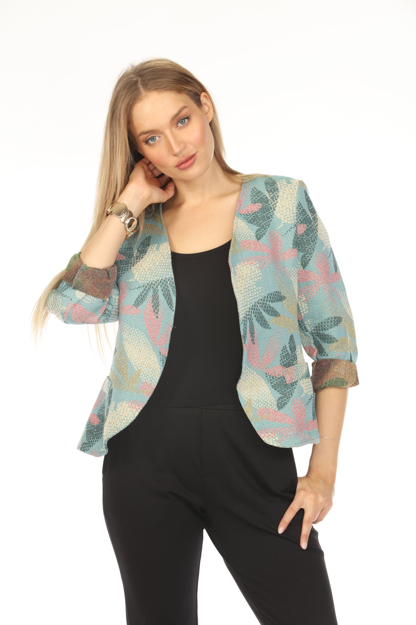 Blue Textured Leaf Print Blazer