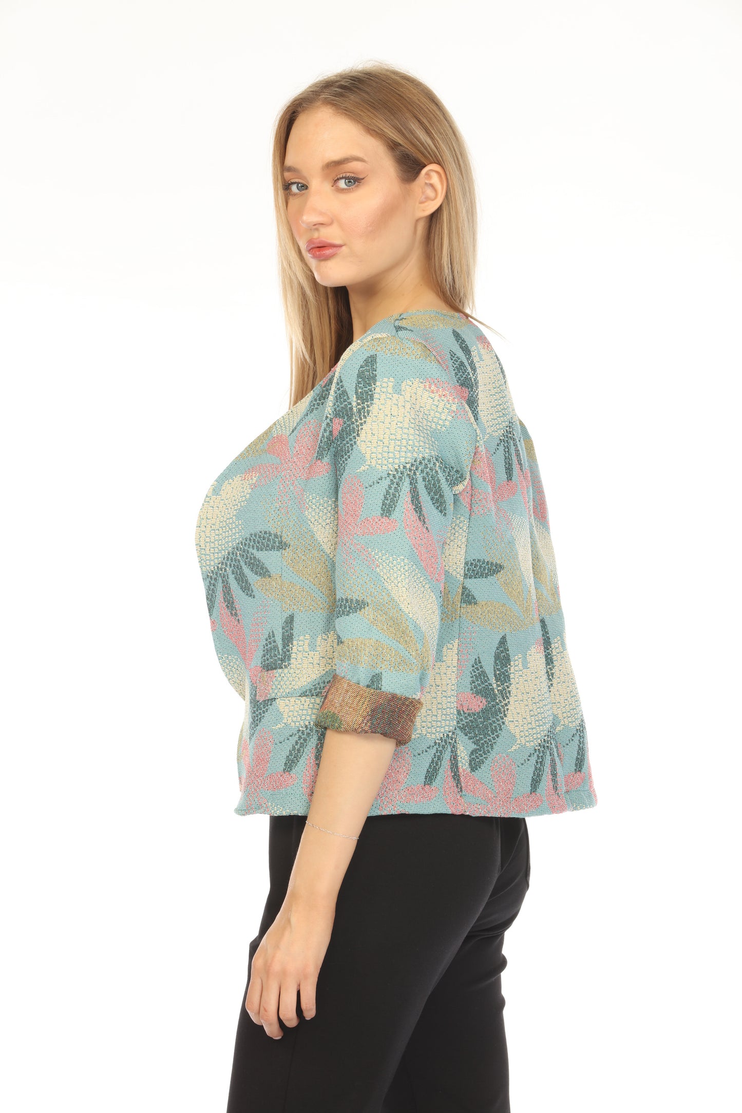 Blue Textured Leaf Print Blazer