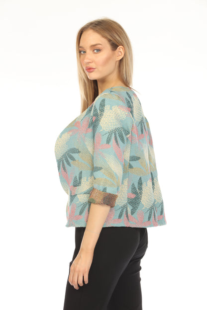 Blue Textured Leaf Print Blazer