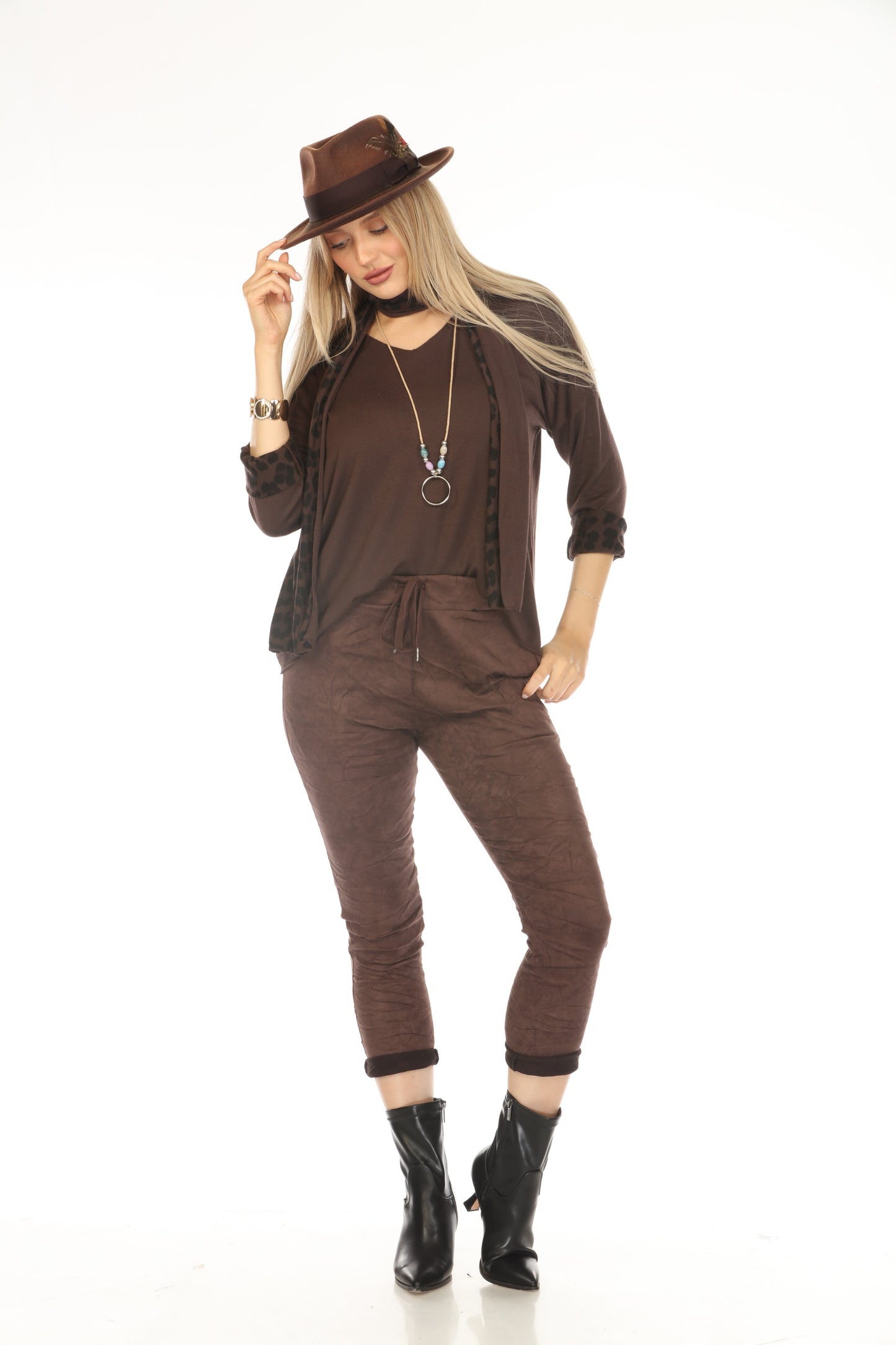 Chocolate Color Top With Leopard Print Scarf