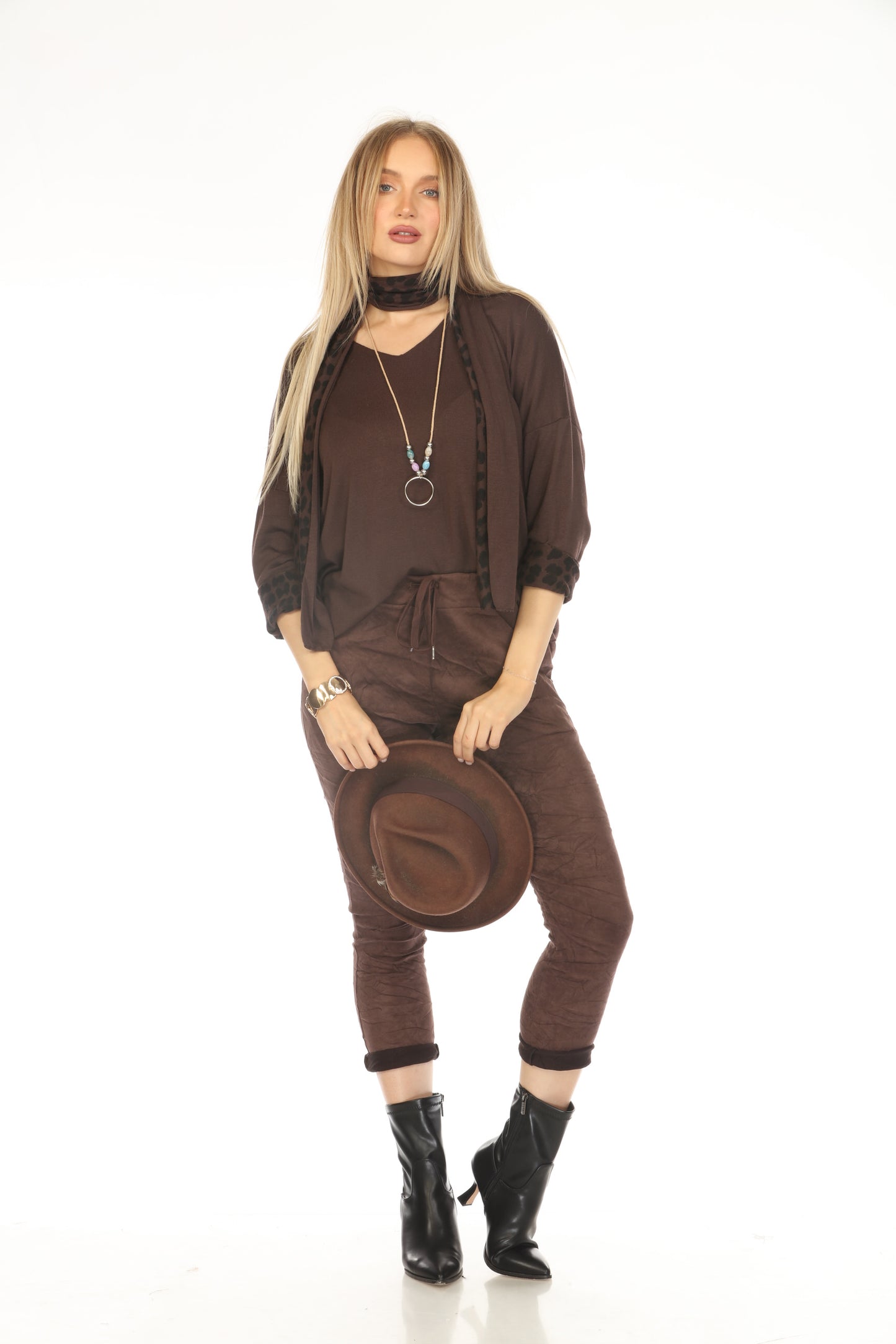 Chocolate Color Top With Leopard Print Scarf