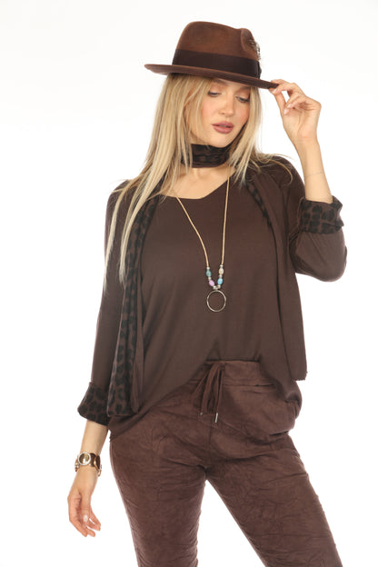 Chocolate Color Top With Leopard Print Scarf