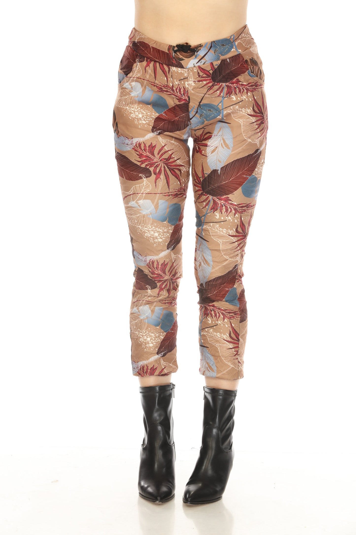 Camel Leaf Print Velvet Feel Pant