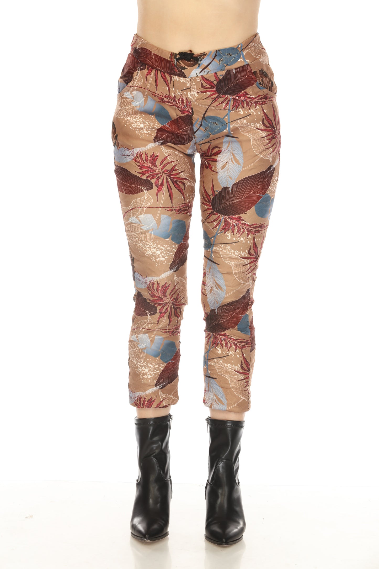 Camel Leaf Print Velvet Feel Pant