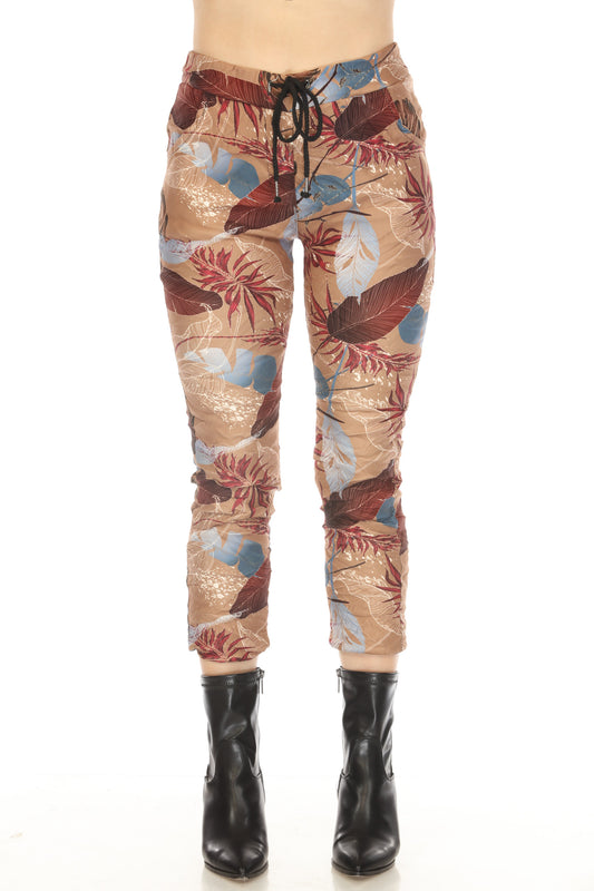 Camel Leaf Print Velvet Feel Pant