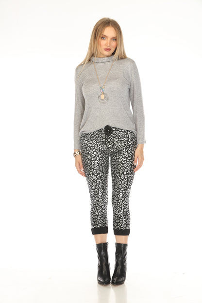 Black Silver Leopard Pant with Pockets