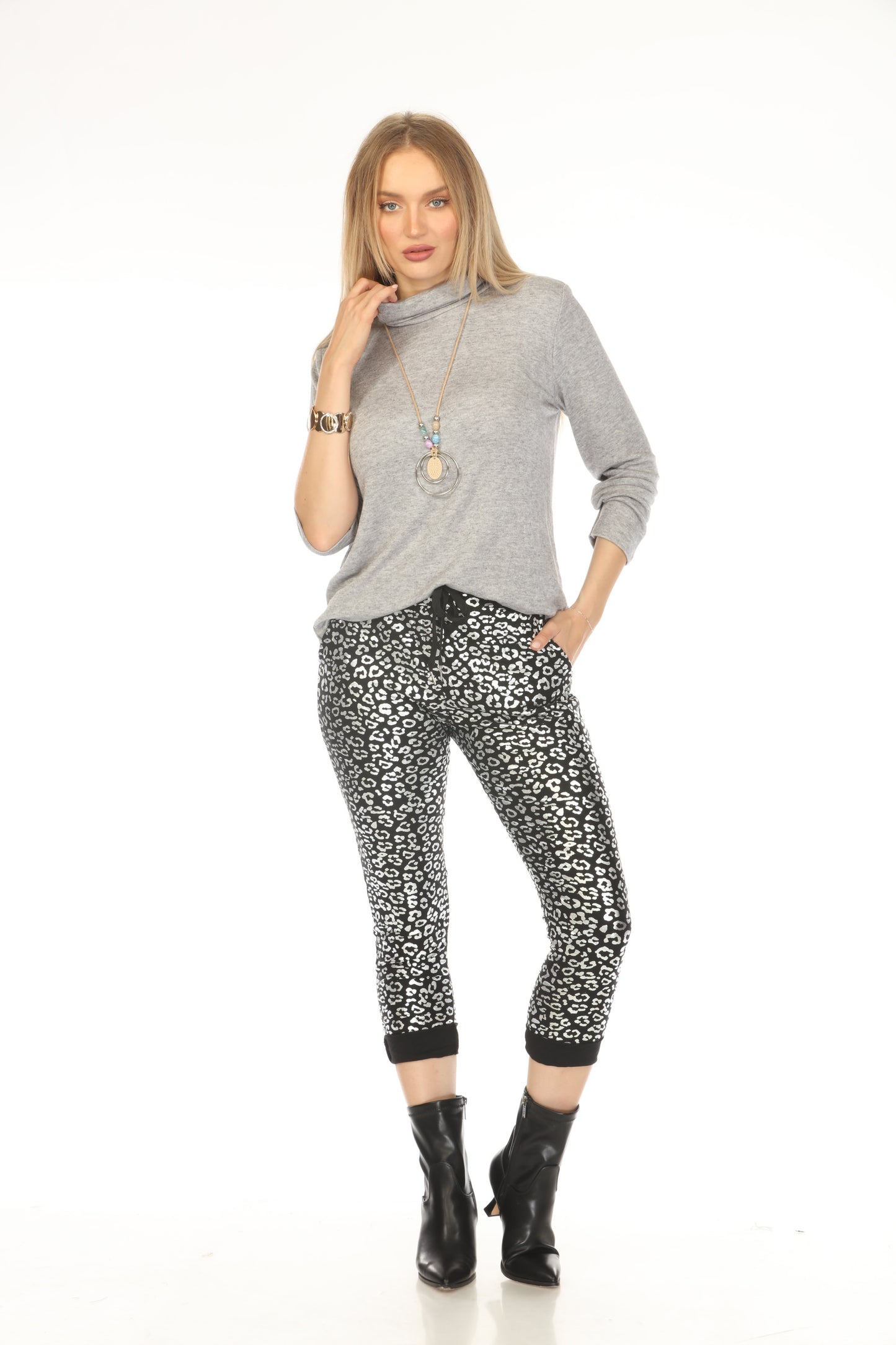 Black Silver Leopard Pant with Pockets