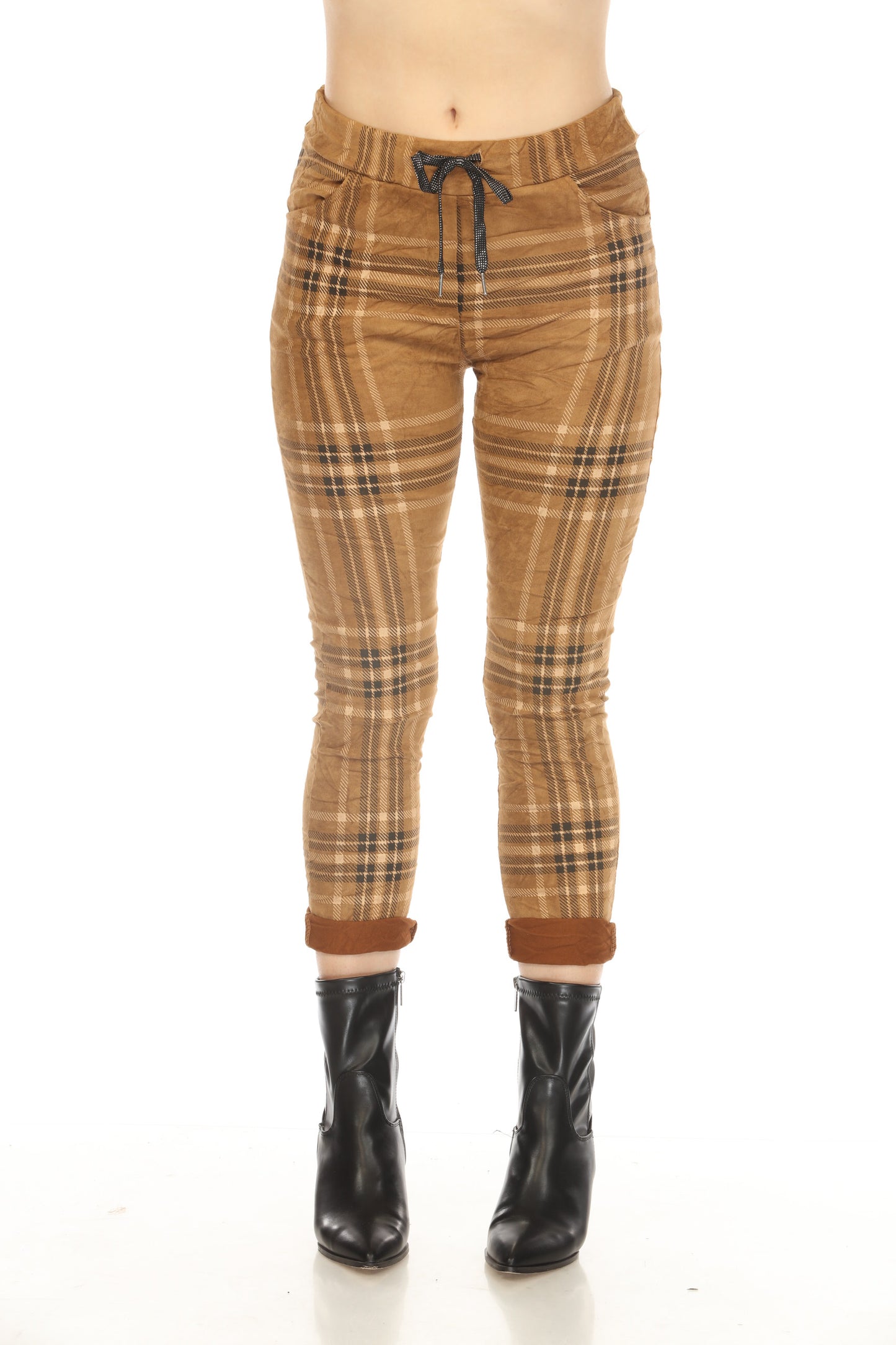 Rust Plaid Stretchable Pant With Drawstring