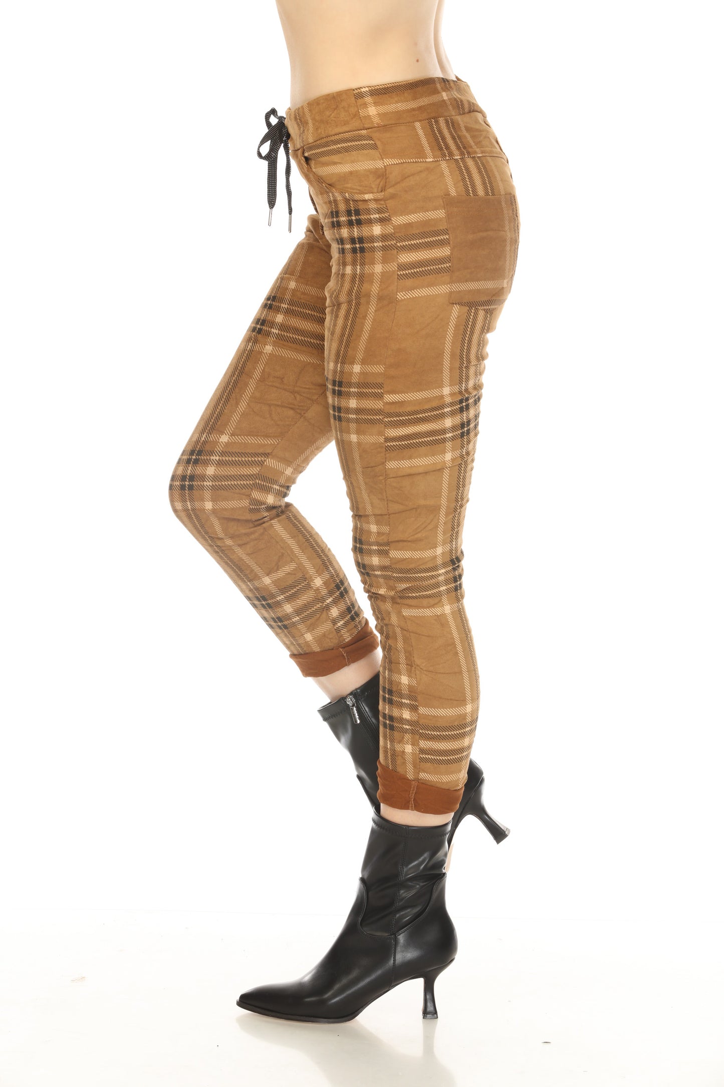 Rust Plaid Stretchable Pant With Drawstring